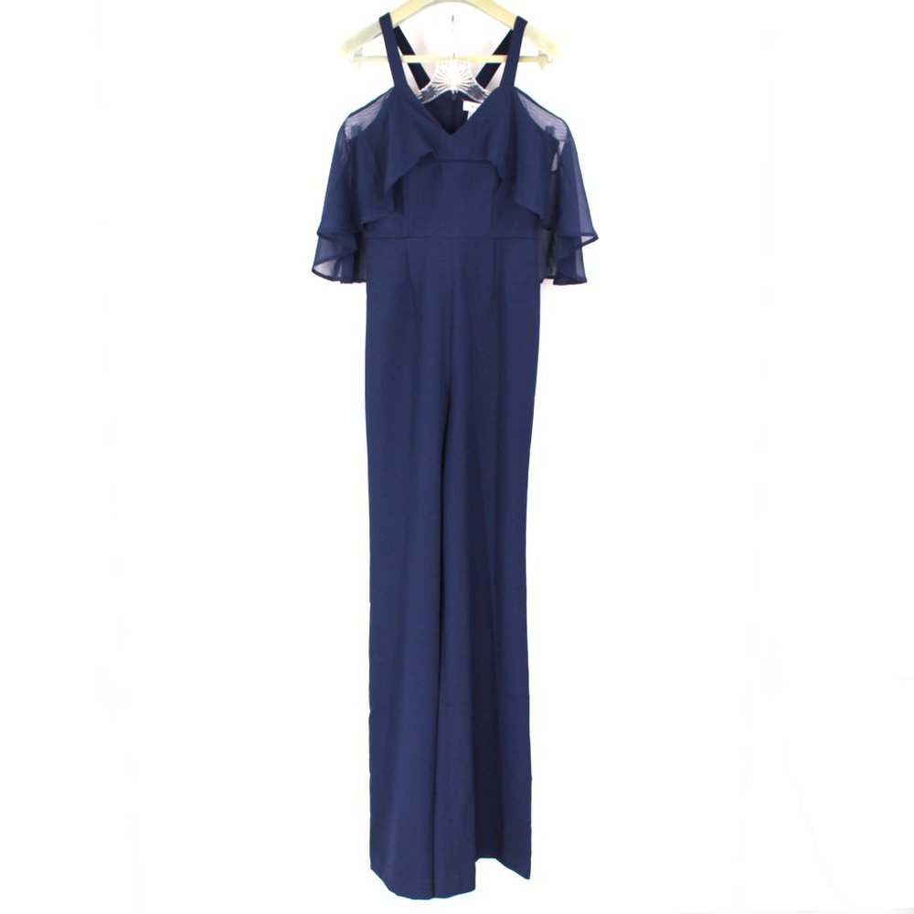 JAY GODFREY Oliver Navy Blue Wide Leg Jumpsuit Chiffon Ruffle Cold Shoulder 2 XS - Picture 1 of 9